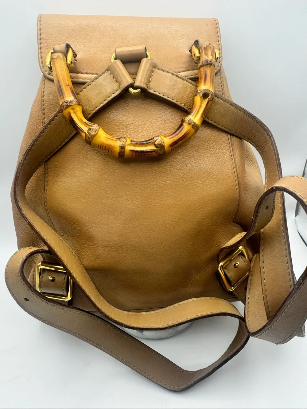 Gucci Tan Vintage Leather Backpack with Bamboo Handle